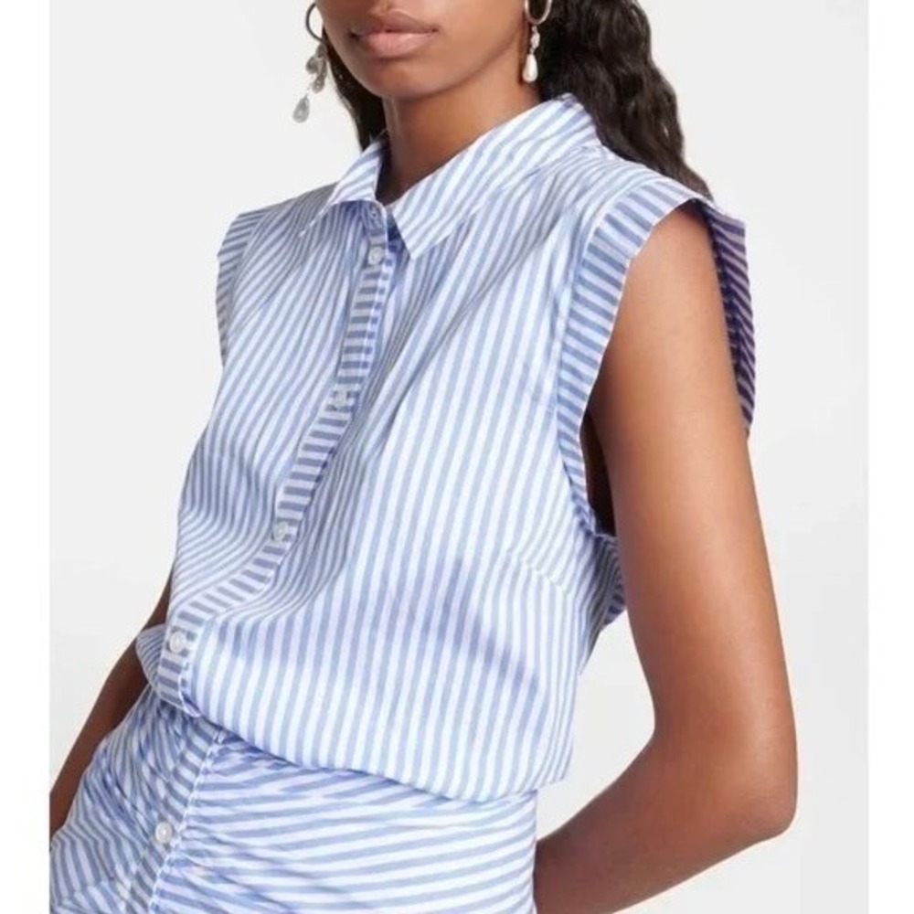 VERONICA BEARD Bell Bottom Ruched Seersucker Shirt Dress Shirtdress Preppy 0 - Picture 5 of 16